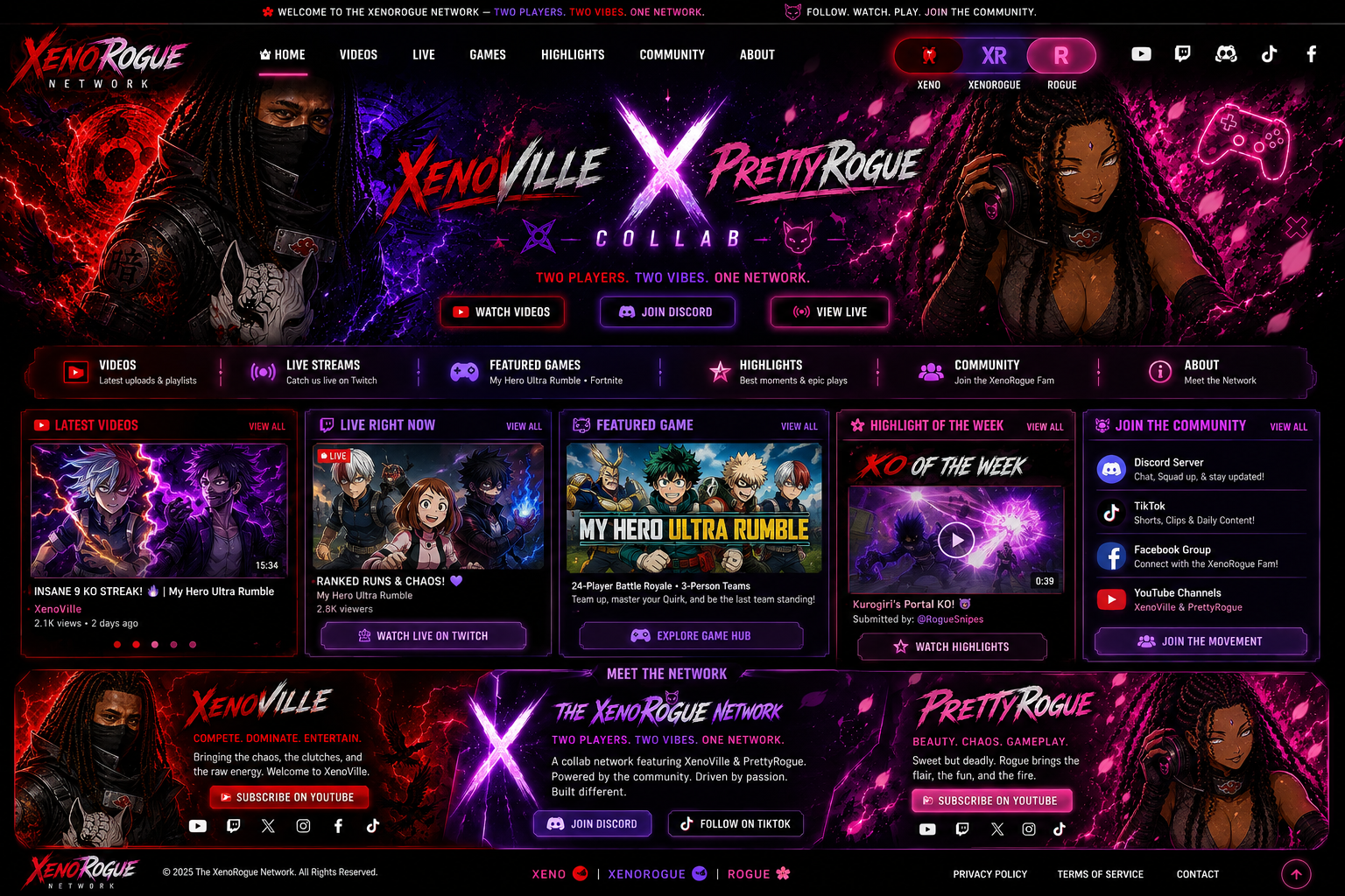 The XenoRogue Network neon gaming homepage artwork featuring XenoVille and PrettyRogue